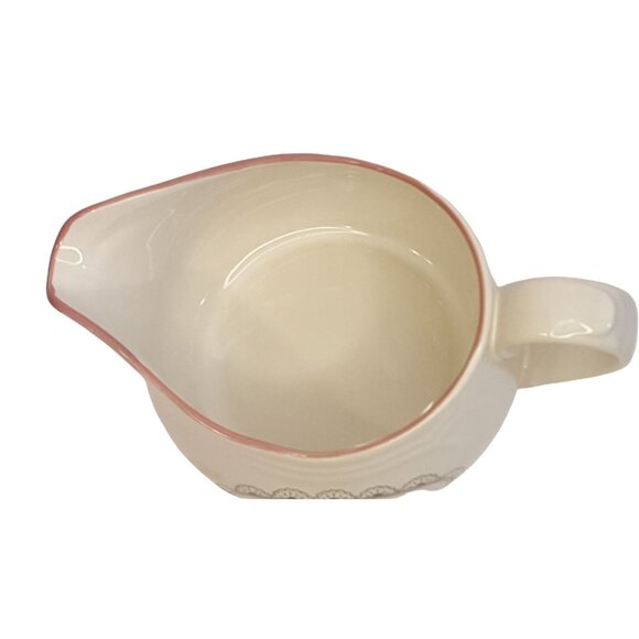 Vintage 1988 Victoriana Gravy Boat Stoneware Pink Flower Pink Rim - Picture 4 of 7